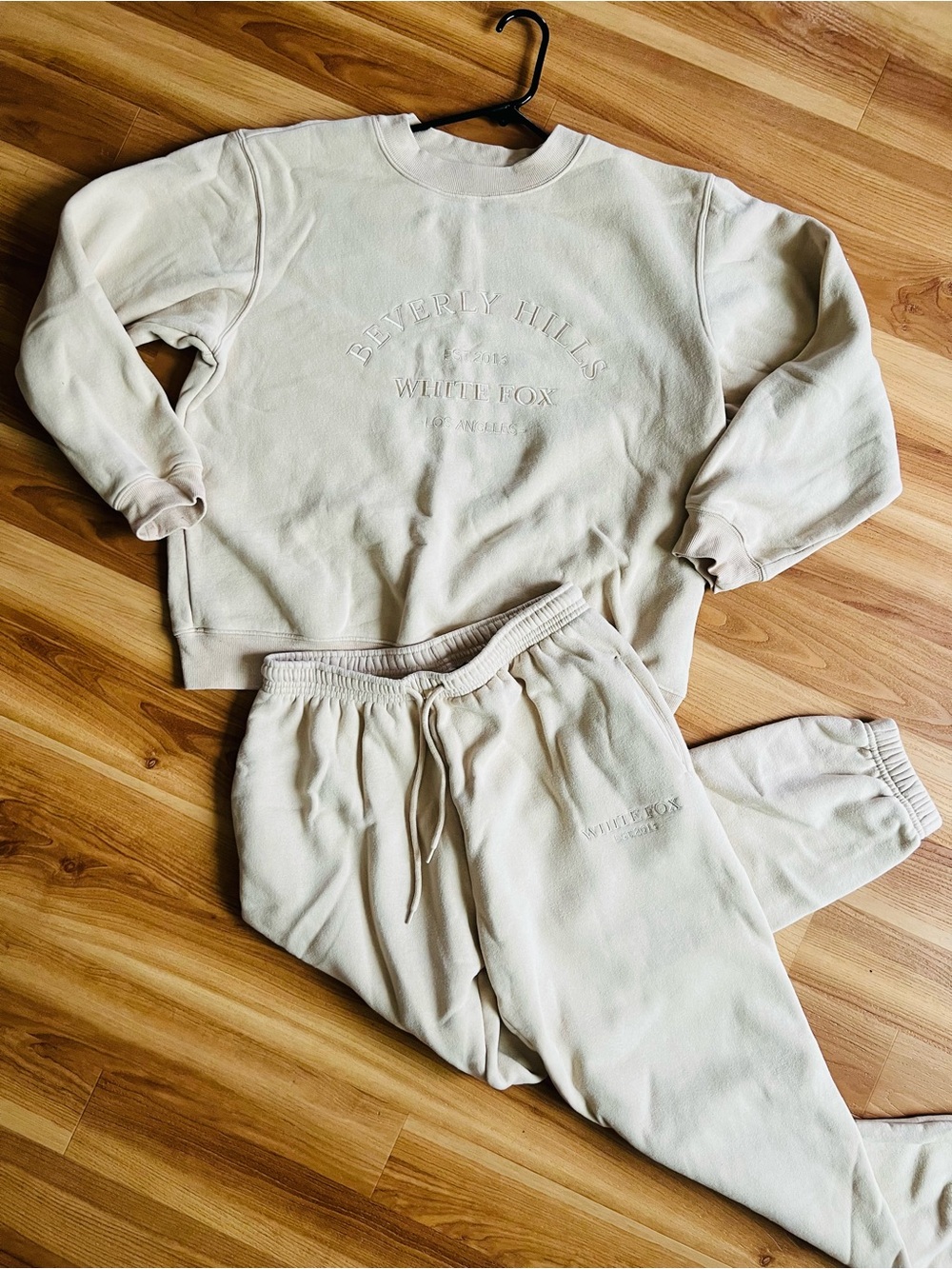 White Fox Boutique Cream Embroidered Beverly Hills Sweatshirt & Joggers Set
